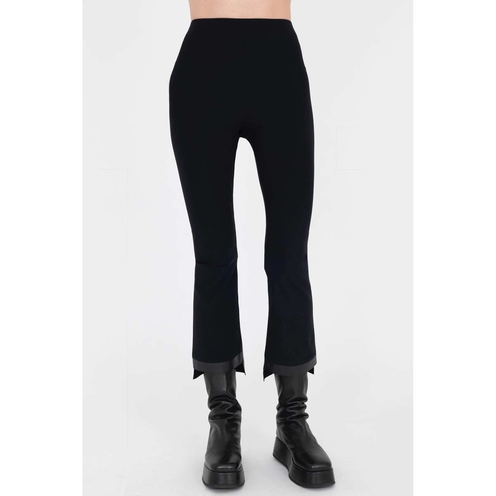 Elaine Kim Black Olga Flare Crop Pants Pull On Leather Trim Stretch Size Small
